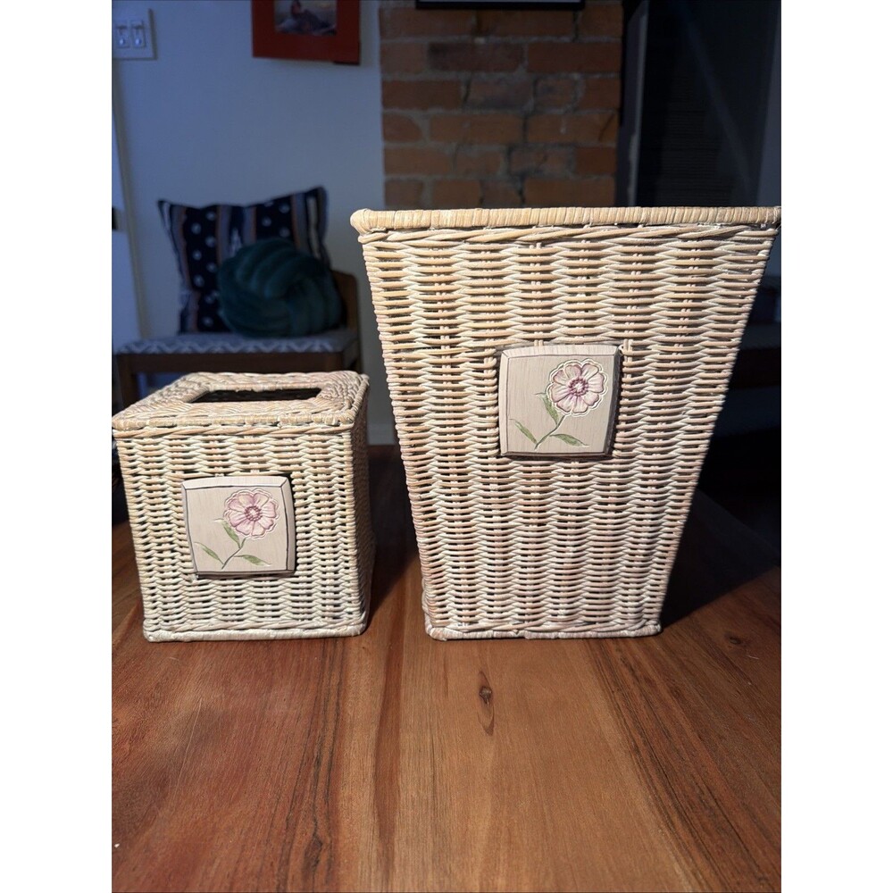 Vintage Wicker Waste Basket And Matching Tissue Box Cover With Floral Design